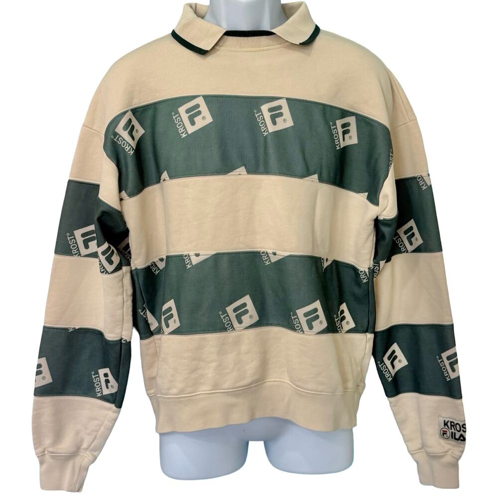 Krost x FILA Striped Collared Pullover Sweatshirt Cream Sage Green Size XS